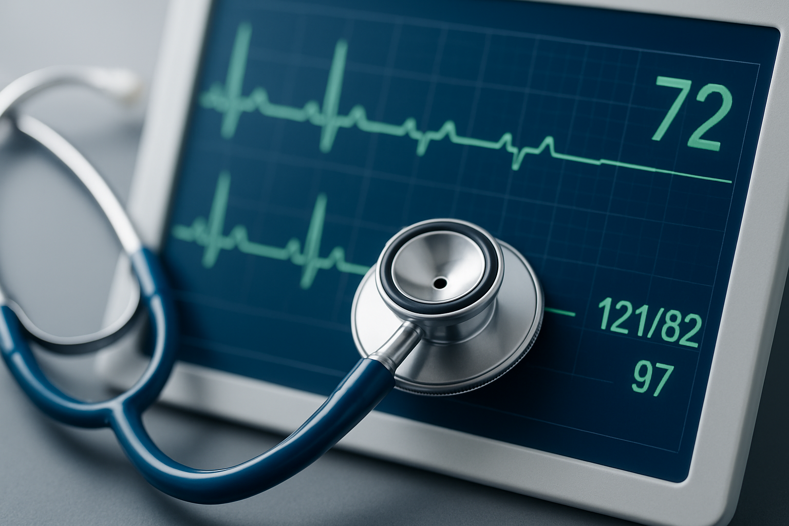 Close-up of a stethoscope resting on a digital display showing heart rate and blood pressure readings.