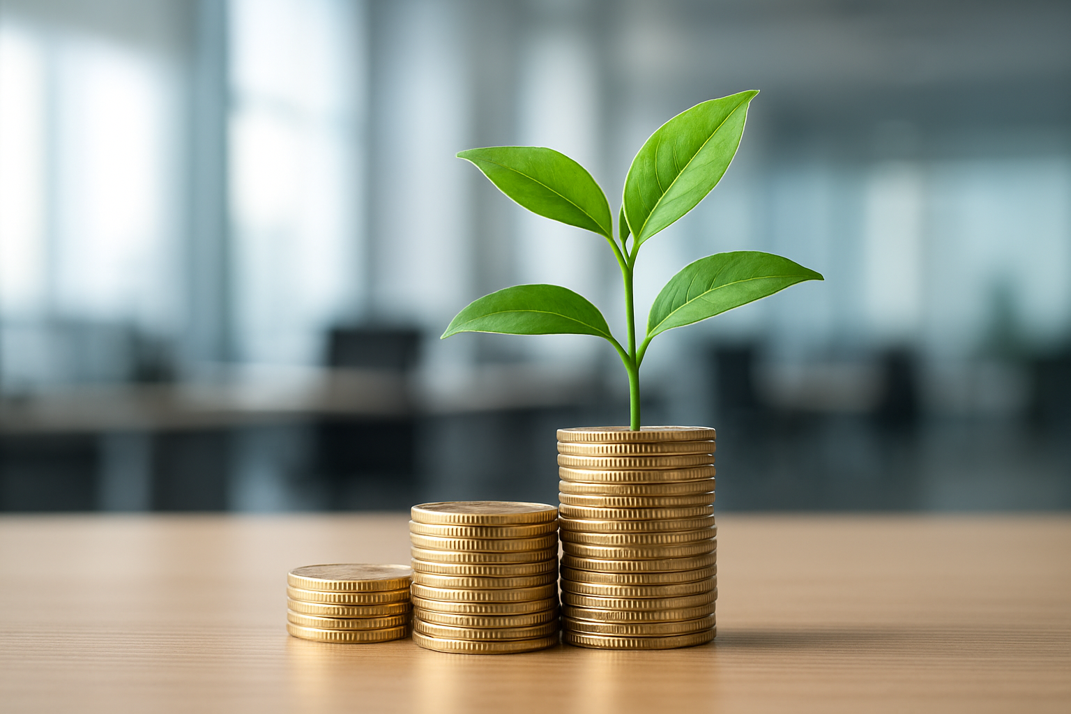 A small plant sprouting from a stack of gold coins on a wooden table, in a softly blurred office background
