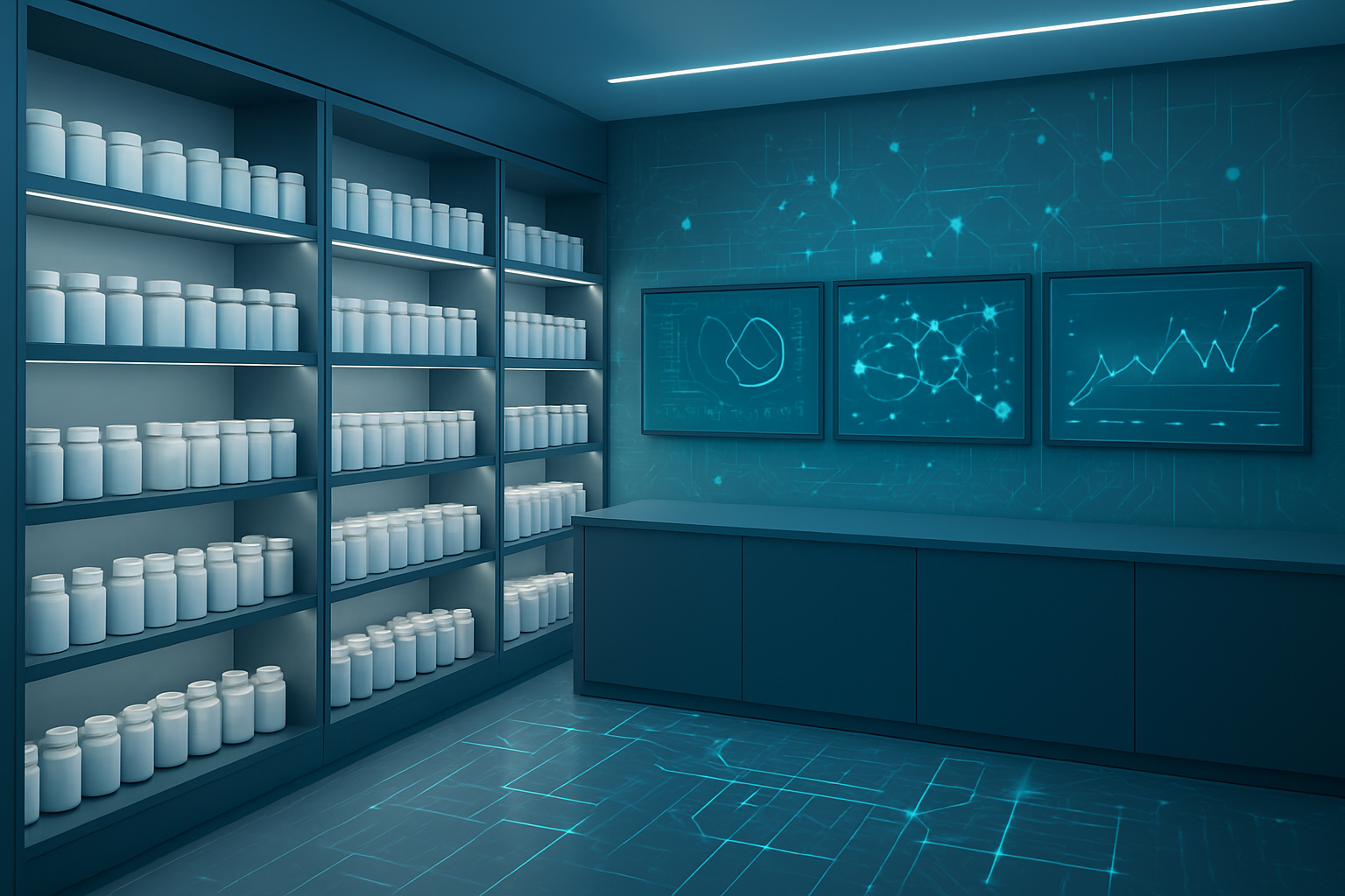 A modern dispensary interior featuring shelves filled with white jars and digital displays on the wall, emphasizing a te