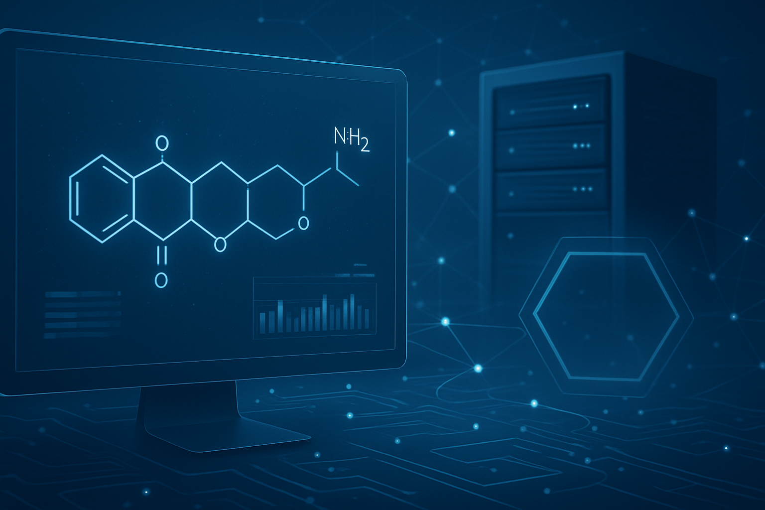 Stylized computer screen displaying a molecular structure and data visualizations, with a server in the background.